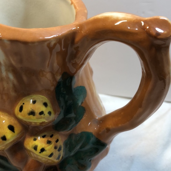 Vintage Pottery Tree Stump Bark Mushrooms Pitcher hand made signed - Picture 13 of 13